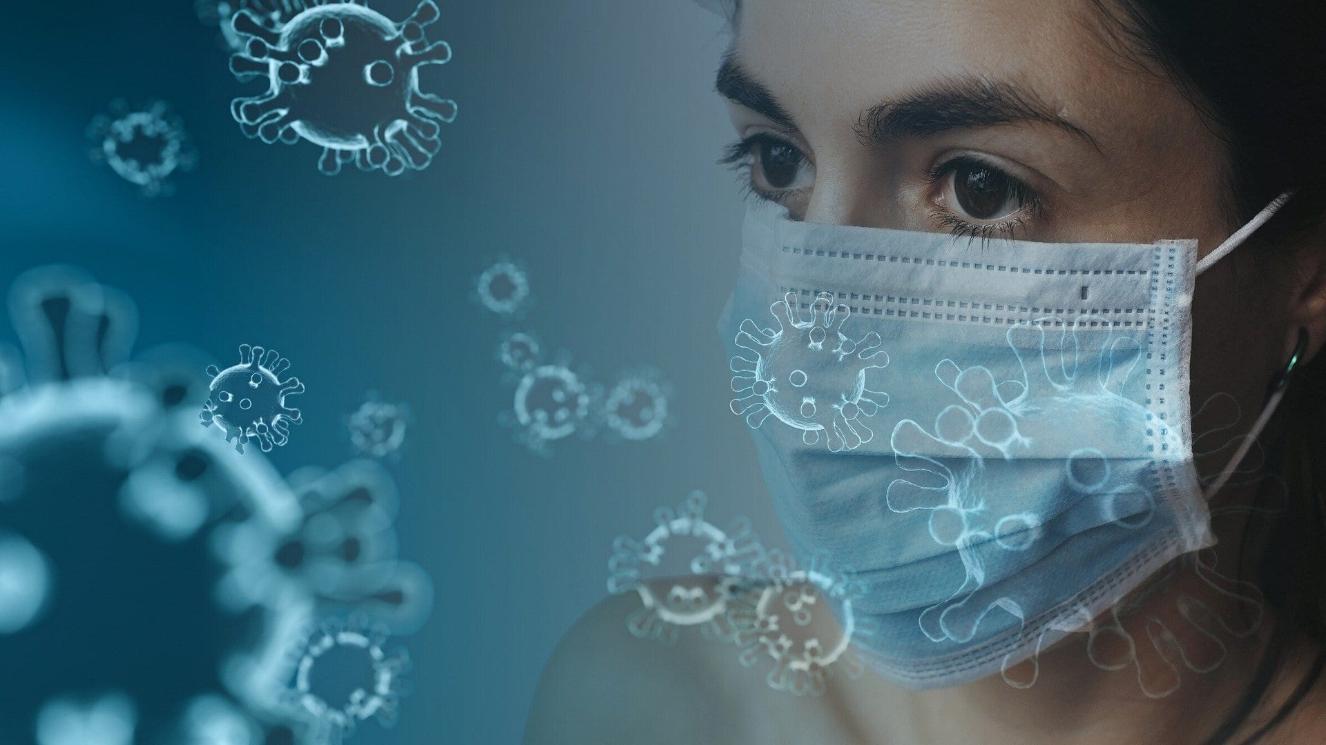 Illustration of a woman wearing a mask with germs floating nearby